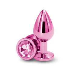 Plug anal en aluminium rose chromé avec bijou intégré, taille M (8,2 × 3,4 cm), présenté sur fond neutre.