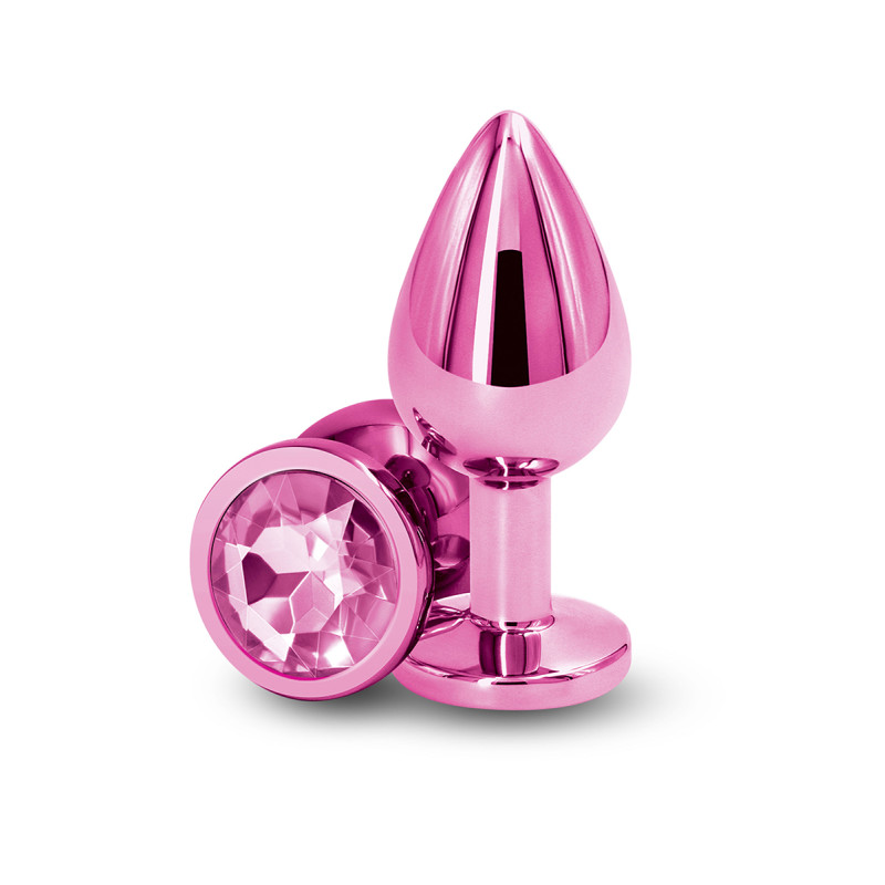 Plug anal en aluminium rose chromé avec bijou intégré, taille M (8,2 × 3,4 cm), présenté sur fond neutre.