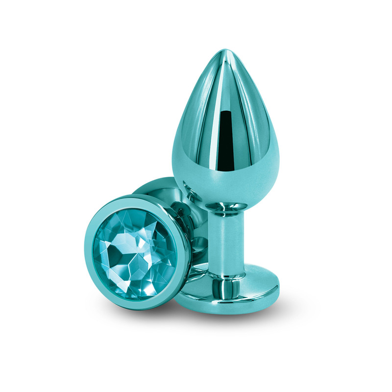 Plug anal en aluminium vert chromé avec bijou intégré, taille M (8,2 × 3,4 cm), présenté sur fond neutre.