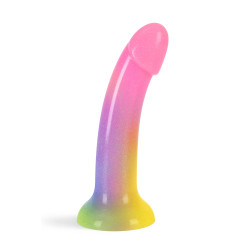 Dildo multicolore avec paillettes en silicone liquide, dimensions 14 × 3,6 cm, présenté sur fond neutre.