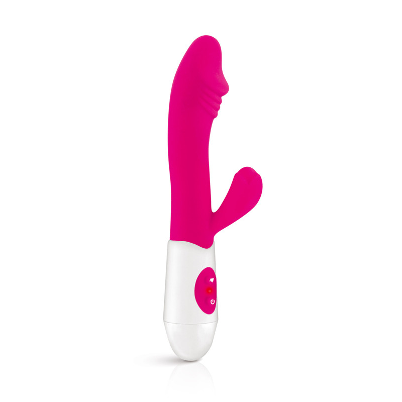 Vibro Rabbit Elya rose Yoba silicone vue 3/4 incurvé